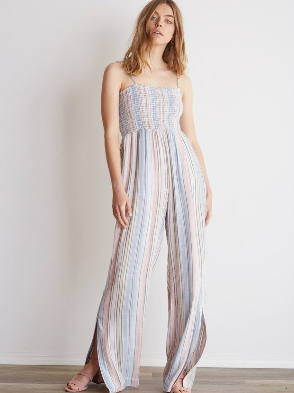 Bella Dahl Smocked Flowy Jumpsuit Multicolor Striped Women's Size S Boho Hippie